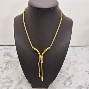 Vintage Monet Gold Tone Necklace Dangle Tassle Front Design